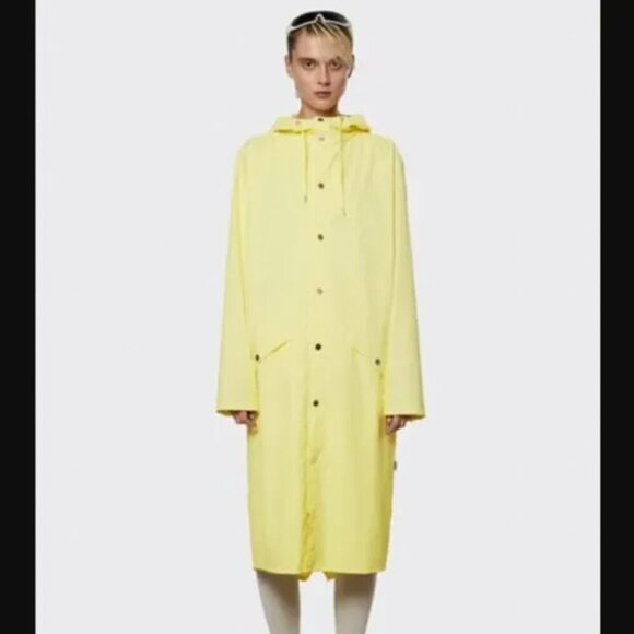 Rains Longer Jacket Straw Yellow Unisex Casual Classic Button Closure Hooded - Picture 2 of 15